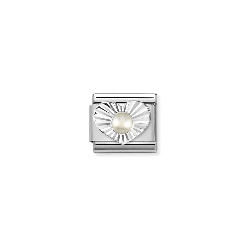 Nomination Composable Link Heart, Etched, White Pearl Stone, Silver